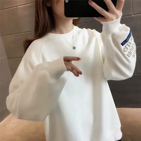 2023秋新款圆领卫衣宽松加绒加厚纯色简约风韩版时尚小众外套上衣商品大图