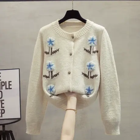 圆领手工花圆领针织开衫女2023秋冬新款宽松外穿上衣复古毛衣外套图片