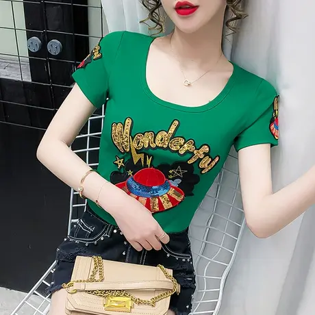 时尚亮片T恤女短袖ins潮2024夏装新款设计感洋气上衣显瘦半袖丅恤商品大图