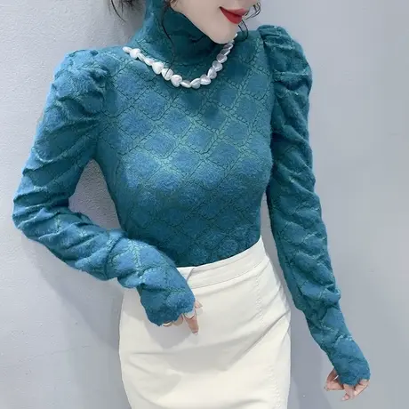 高领打底衫女春秋时尚泡泡袖T恤长袖小衫设计感洋气磨毛蕾丝上衣图片