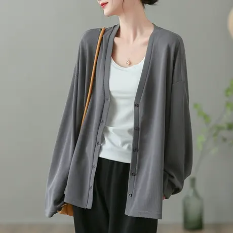 dza 复古纯色棉线针织开衫女士春秋新款上衣宽松V领休闲毛衣外套商品大图