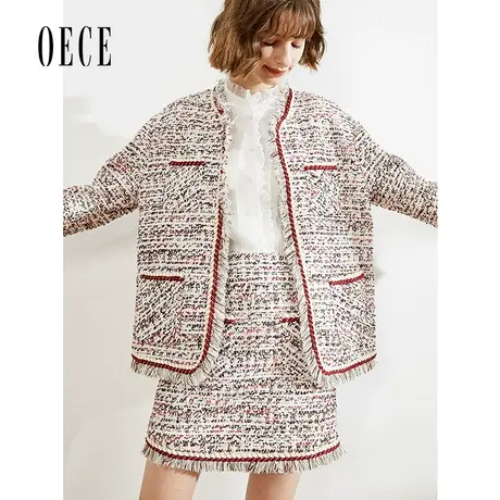 Oece秋冬新款女装 复古个性小香风流苏织花呢高腰A字半身裙图片