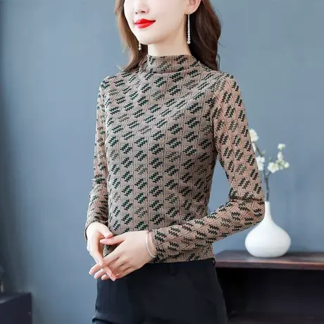 半高领长袖打底衫女2023秋装新款时尚洋气内搭印花t恤女修身显瘦商品大图