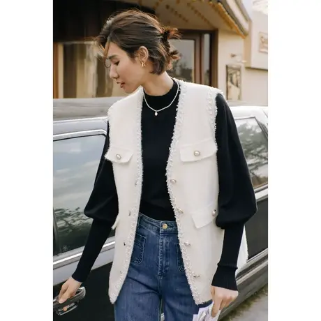 弥古小香风马甲外套女秋冬高级感仿貂毛毛衣针织无袖马夹背心外搭图片