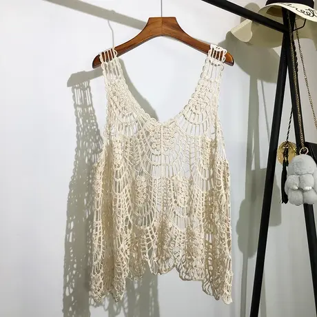 钩花镂空针织背心马甲女夏外搭新款韩版宽松大码无袖吊带上衣罩衫商品大图
