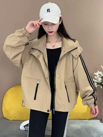 三杠条纹潮牌冲锋衣女2023年春秋棒球服工装防风夹克连帽运动外套商品大图