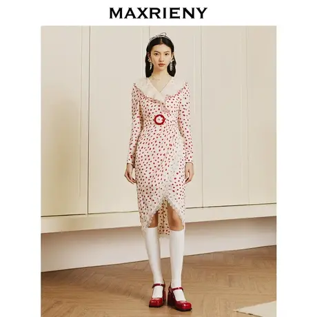 MAXRIENY浪漫复古氛围感荷叶边翻领小花连衣裙茶歇裙图片