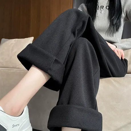 黑色毛呢阔腿裤女秋冬新款高腰垂感加厚休闲窄版呢子直筒拖地裤子商品大图