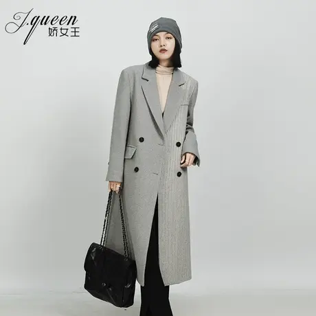 羊毛呢外套女中长款秋冬新款复古高级感灰色拼接条纹呢子西装大衣商品大图