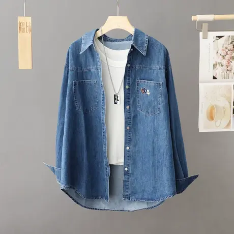 2024秋季新款牛仔衬衫外套女士宽松叠穿衬衣中长款上衣秋冬打底衫商品大图