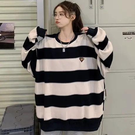 vintage条纹卫衣女2021宽松韩版设计感小众上衣春秋薄款外套潮ins商品大图