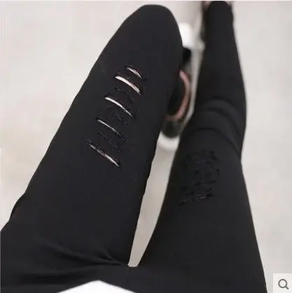 黑色破洞打底裤女外穿薄024新款韩版春秋紧身显瘦九分小脚铅笔裤商品大图