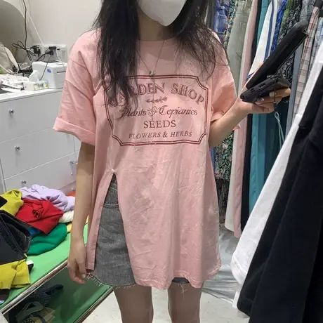 短袖t恤女2021夏季新款韩版ins潮字母减龄开叉宽松显瘦休闲上衣服商品大图