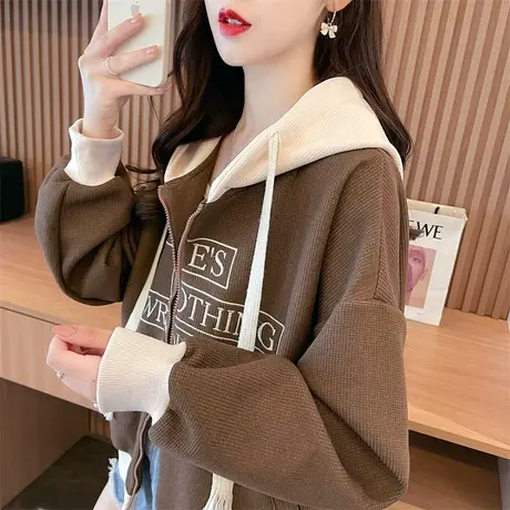 早秋华夫格外套女春秋季新款韩版宽松初秋百搭薄款撞色小个子卫衣图片