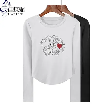 秋冬新款圆领修身下摆圆弧纯欲纯棉撞色印花长袖体恤上衣女打底衫商品大图