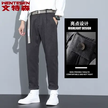 青年纯色毛呢休闲裤男宽松直筒潮牌男裤春季2023新款韩版潮流长裤商品大图